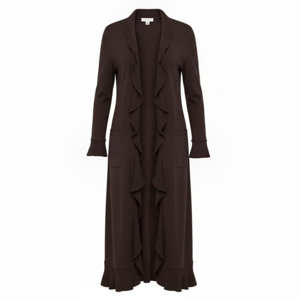 St John Collection Marie Gray Brown Ruffle Duster Long Cardigan Sweater Size 10